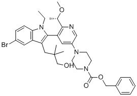 CAS # 2865162-09-8, Benzyl (S)-4-(5-(5-bromo-1-ethyl-3-(3-hydroxy-2,2-dimethylpropyl)-1H-indol-2-YL)-6-(1-methoxyethyl)pyridin-3-YL)piperazine-1-carboxylate, benzyl 4-[5-[5-bromo-1-ethyl-3-(3-hydroxy-2,2-dimethylpropyl)indol-2-yl]-6-[(1S)-1-methoxyethyl]pyridin-3-yl]piperazine-1-carboxylate