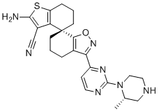 CAS # 2937344-16-4, BI-2493, KRAS INHIBITOR, (7S)-2'-amino-3-[2-[(2S)-2-methylpiperazin-1-yl]pyrimidin-4-yl]spiro[5,6-dihydro-4H-1,2-benzoxazole-7,4'-6,7-dihydro-5H-1-benzothiophene]-3'-carbonitrile, (S)-2-amino-3'-(2-((S)-2-methylpiperazin-1-yl)pyrimidin-4-yl)-5',6,6',7-tetrahydro-4'H,5H-spiro[benzo[b]thiophene-4,7'-benzo[d]isoxazole]-3-carbonitrile