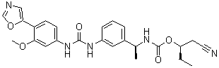 structure of CAS# 297730-17-7, [(1S)-1-[3-[[[[3-Methoxy-4-(5-oxazolyl)phenyl]amino]carbonyl]amino]phenyl]ethyl]carbamic acid (1R)-1-(cyanomethyl)propyl ester