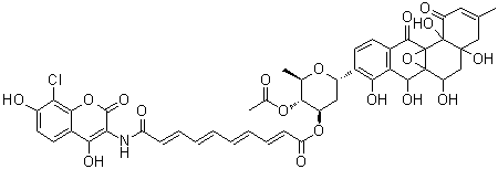 CAS # 301845-97-6, Simocyclinone D8, 9-[4-O-Acetyl-3-O-[10-[(8-chloro-4,7-dihydroxy-2-oxo-2H-1-benzopyran-3-yl)amino]-1,10-dioxo-2,4,6,8-decatetraenyl]-2,6-dideoxy-beta-D-arabino-hexopyranosyl]-4a,5,6,12b-tetrahydro-4a,6,7,8,12b-pentahydroxy-3-methyl-6a,12a-epoxybenz[a]anthracene-1,12(4H,7H)-dione