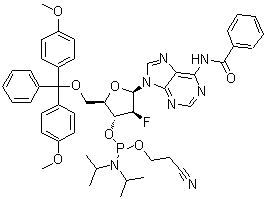 structure of CAS# 329187-86-2, N-[9-[5-O-[双(4-甲氧基苯基)苯基甲基]-3-O-[[双(1-甲基乙基)氨基](2-氰基乙氧基)膦基]-2-脱氧-2-氟-beta-D-呋喃阿拉伯糖基]-9H-嘌呤-6-基]苯甲酰胺
