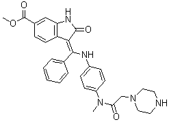 CAS # 334951-61-0, (3Z)-2,3-Dihydro-3-[[[4-[methyl(1-piperazinylacetyl)amino]phenyl]amino]phenylmethylene]-2-oxo-1H-indole-6-carboxylic acid methyl ester
