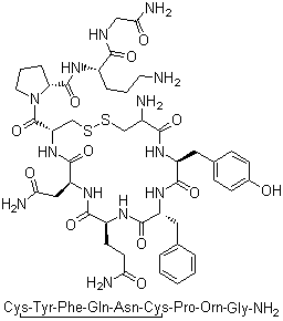 CAS # 3397-23-7, Ornipressin, 8-Ornithinevasopressin, 1-[19-Amino-13-benzyl-10-(2-carbamoylethyl)-7-(carbamoylmethyl)-16-[(4-hydroxyphenyl)methyl]-6,9,12,15,18-pentaoxo-1,2-dithia-5,8,11,14,17-pentazacycloicosane-4-carbonyl]-N-[4-amino-1-(carbamoylmethylcarbamoyl)butyl]pyrrolidine-2-carboxamide