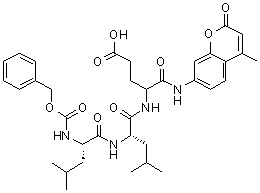 structure of CAS# 348086-66-8, N-[(Phenylmethoxy)carbonyl]-L-leucyl-L-leucyl-N-(4-methyl-2-oxo-2H-1-benzopyran-7-yl)-L-alpha-glutamine