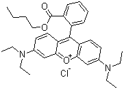 CAS # 3571-37-7, Butylrhodamine B, Butylrhodamine, Butylrhodamine C, Butylrhodamine S, Rhodamine B, butyl ester, Rhodamine S butyl ester, 9-[2-(Butoxycarbonyl)phenyl]-3,6-bis(diethylamino) xanthylium chloride