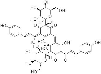 CAS # 36338-96-2, Carthamine, Safflower Yellow, 6-beta-D-Glucopyranosyl-2-((3-beta-D-glucopyranosyl-2,3,4-trihydroxy-5-(3-(4-hydroxyphenyl)-1-oxo-2-propenyl)-6-oxo-1,4-cyclohexadien-1-yl)methylene)-5,6-dihydroxy-4-(3-(4-hydroxyphenyl)-1-oxo-2-propenyl)-4-cyclohexene-1,3-dione