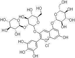 CAS # 36415-91-5, Delphinidin 3-sambubioside-5-glucoside chloride, 5-(beta-D-Glucopyranosyloxy)-7-hydroxy-2-(3,4,5-trihydroxyphenyl)-3-[(2-O-beta-D-xylopyranosyl-D-glucopyranosyl)oxy]-1-benzopyrylium chloride