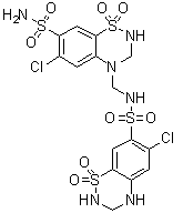 structure of CAS# 402824-96-8, N-[[7-(Aminosulfonyl)-6-chloro-2,3-dihydro-1,1-dioxido-4H-1,2,4-benzothiadiazin-4-yl]methyl]-6-chloro-3,4-dihydro-2H-1,2,4-benzothiadiazine-7-sulfonamide 1,1-dioxide