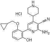 structure of CAS# 406209-26-5, 2-Amino-6-[2-(cyclopropylmethoxy)-6-hydroxyphenyl]-4-(4-piperidinyl)-3-pyridinecarbonitrile hydrochloride