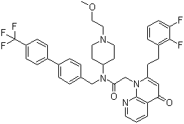 CAS 登录号：412950-27-7, 戈沙拉地, 2-[2-(2,3-二氟苯基)乙基]-N-[1-(2-甲氧基乙基)-4-哌啶基]-4-氧代-N-[[4'-(三氟甲基)[1,1'-联苯]-4-基]甲基]-1,8-萘啶-1(4H)-乙酰胺