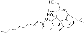 CAS # 466663-11-6, 3-O-(2E,4E-Decadienoyl)ingenol, (2E,4E)-2,4-Decadienoic acid (1aR,2S,5R,5aS,6S,8aS,9R,10aR)-1a,2,5,5a,6,9,10,10a-octahydro-5,5a-dihydroxy-4-(hydroxymethyl)-1,1,7,9-tetramethyl-11-oxo-1H-2,8a-methanocyclopenta[a]cyclopropa[e]cyclodecen-6-yl ester
