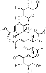 CAS 登录号：471271-55-3, (E)-Aldosecologanin, (2S,2'S,3R,3'R,4R,4'S)-4,4'-[(1E)-1-甲酰基-1-丙烯基-1,3-二基]双[3-乙烯基-2-(beta-D-吡喃葡萄糖基氧基)-3,4-二氢-2H-吡喃-5-羧酸]二甲酯