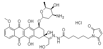 CAS # 480998-12-7, INNO-206 monohydrochloride, 2,5-Dihydro-2,5-dioxo-1H-pyrrole-1-hexanoic acid [1-[(2S,4S)-4-[(3-amino-2,3,6-trideoxy-alpha-L-lyxo-hexopyranosyl)oxy]-1,2,3,4,6,11-hexahydro-2,5,12-trihydroxy-7-methoxy-6,11-dioxo-2-naphthacenyl]-2-hydroxyethylidene]hydrazide monohydrochloride