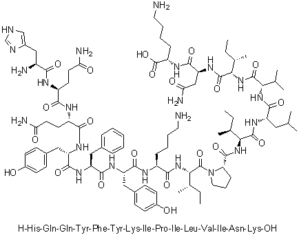 CAS # 503060-82-0, L-Histidyl-L-glutaminyl-L-glutaminyl-L-tyrosyl-L-phenylalanyl-L-tyrosyl-L-lysyl-L-isoleucyl-L-prolyl-L-isoleucyl-L-leucyl-L-valyl-L-isoleucyl-L-asparaginyl-L-lysine