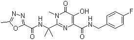 CAS # 518048-05-0, Raltegravir, N-(2-(4-(4-Fluorobenzylcarbamoyl)-5-hydroxy-1-methyl-6-oxo-1,6-dihydropyrimidin-2-yl)propan-2-yl)-5-methyl-1,3,4-oxadiazole-2-carboxamide, N-((4-Fluorophenyl)methyl)-1,6-dihydro-5-hydroxy-1-methyl-2-(1-methyl-1-(((5-methyl-1,3,4-oxadiazol-2-yl)carbonyl)amino)ethyl)-6-oxo-4-pyrimidinecarboxamide