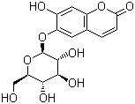 CAS # 531-75-9, Esculin, 6-(beta-D-Glucopyranosyloxy)-7-hydroxy-2H-1-benzopyran-2-one, 6,7-Dihydroxycoumarin 6-glucoside, 6-(beta-D-Glucopyranosyloxy)-7-hydroxy-2H-1-benzopyran-2-one