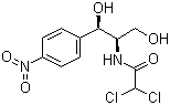 CAS # 56-75-7, Chloramphenicol, 2,2-Dichloro-N-[2-hydroxy-1-(hydroxymethyl)-2-(4-nitrophenyl)ethyl]acetamide, D-(-)-threo-2,2-Dichloro-N-[beta-hydroxy-alpha-(hydroxy-methyl)-p-nitrophenethyl]acetamide, Chloromycetin