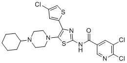 structure of CAS# 570403-04-2, 5,6-二氯-N-(4-(4-氯噻吩-2-基)-5-(4-环己基哌嗪-1-基)噻唑-2-基)烟酰胺