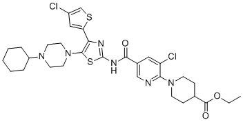 structure of CAS# 570403-14-4, 乙基1-(3-氯-5-((4-(4-氯噻吩-2-基)-5-(4-环己基哌嗪-1-基)噻唑-2-基)氨基甲酰)吡啶-2-基)哌啶-4-羧酸酯