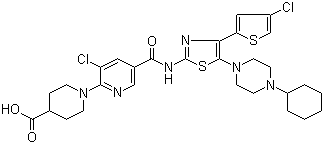 structure of CAS# 570406-98-3, 1-[3-Chloro-5-[[[4-(4-chloro-2-thienyl)-5-(4-cyclohexyl-1-piperazinyl)-2-thiazolyl]amino]carbonyl]-2-pyridinyl]-4-piperidinecarboxylic acid