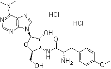 CAS # 58-58-2, Puromycin dihydrochloride, (S)-3'-[[2-Amino-3-(4-methoxyphenyl)-1-oxopropyl]amino]-3'-deoxy-N,N-dimethyladenosine dihydrochloride