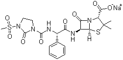 CAS # 59798-30-0, Mezlocillin sodium, 3,3-Dimethyl-6-[[2-[(3-methylsulfonyl-2-oxo-imidazolidin-1-yl)carbonylamino]-2-phenyl-acetyl]amino]-7-oxo-4-thia-1-azabicyclo[3.2.0]heptane-2-carboxylic acid sodium salt