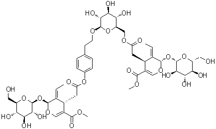 CAS 登录号：60037-39-0, (2S,3E,4S)-3-亚乙基-2-(beta-D-吡喃葡萄糖基氧基)-3,4-二氢-5-(甲氧羰基)-2H-吡喃-4-乙酸 4-[2-[[6-O-[[(2S,3E,4S)-3-亚乙基-2-(beta-D-吡喃葡萄糖基氧基)-3,4-二氢-5-(甲氧羰基)-2H-吡喃-4-基]乙酰基]-beta-D-吡喃葡萄糖基]氧基]乙基]苯基酯