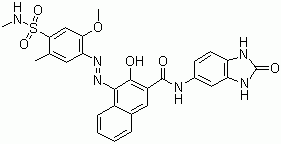CAS 登录号：61951-98-2, 颜料红 185, N-(2,3-二氢-2-氧代-5-苯并咪唑)-3-羟基-4-[[5-甲氧基-2-甲基-4-[(甲氨基)磺酰]苯基]重氮]萘-2-甲酰胺