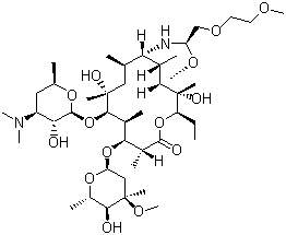 CAS # 62013-04-1, Dirithromycin, [9S(R)]-9-Deoxo-11-deoxy-9,11-[imino[2-(2-methoxy)ethylidene]oxy]erthromycin, 9-(4-Dimethylamino-3-hydroxy-6-methyl-oxan-2-yl)oxy-3-ethyl-2,10-dihydroxy-7-(5-hydroxy-4-methoxy-4,6-dimethyl-oxan-2-yl)oxy-15-(2-methoxyethoxymethyl)-2,6,8,10,12,17-hexamethyl-4,16-dioxa-14-azabicyclo[11.3.1]heptadecan-5-one