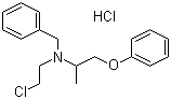 CAS # 63-92-3, Phenoxybenzamine hydrochloride, 2-(N-Benzyl-2-chloroethylamino)-1-phenoxypropane hydrochloride, N-(2-Chloroethyl)-N-(1-methyl-2-phenoxyethyl)benzenemethanamine hydrochloride