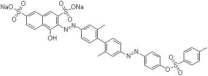 CAS 登录号：6358-57-2, 酸性红 111, Disodium 3-[[2,2'-二甲基-4'-[[4-[[(对甲苯基)磺酰]氧]苯基]偶氮][1,1'-联苯]-4-基]偶氮]-4-羟基萘-2,7-二磺酸二钠