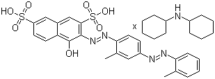 CAS # 6406-53-7, Solvent Red 32, 4-Hydroxy-3-[2-[2-methyl-4-[2-(2-methylphenyl)diazenyl]phenyl]diazenyl]-2,7-naphthalenedisulfonic acid N-cyclohexylcyclohexanamine