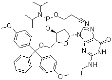 structure of CAS# 642462-81-5, 5'-O-[二(4-甲氧基苯基)苯基甲基]-2'-脱氧-N-乙基-鸟苷 3'-[2-氰基乙基 二异丙基氨基亚磷酸酯]