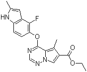 structure of CAS# 649736-29-8, 4-[(4-Fluoro-2-methyl-1H-indol-5-yl)oxy]-5-methylpyrrolo[2,1-f][1,2,4]triazine-6-carboxylic acid ethyl ester