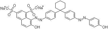 CAS # 6507-77-3, Acid Orange 33, Triacid Fast Orange GS, Vondamol Fast Orange GS, 7-Hydroxy-8-[2-[4-[1-[4-[2-(4-hydroxyphenyl)diazenyl]phenyl]cyclohexyl]phenyl]diazenyl]-1,3-naphthalenedisulfonic acid sodium salt