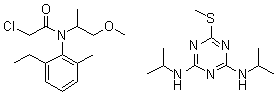 CAS # 67257-13-0, Metolachlor-prometryn mixt., Codal, Prometryn-dual mixt., 2-Chloro-N-(2-ethyl-6-methylphenyl)-N-(2-methoxy-1-methylethyl)acetamide mixt. with N,N'-bis(1-methylethyl)-6-(methylthio)-1,3,5-triazine-2,4-diamine