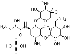 CAS # 67814-76-0, Isepamicin sulfate, (2S)-3-amino-N-[(1R,2S,3S,4R,5S)-5-amino-4-[(2R,3R,4S,5S,6R)-6-(aminomethyl)-3,4,5-trihydroxy-oxan-2-yl]oxy-2-[(2R,3R,4R,5S)-3,5-dihydroxy-5-methyl-4-methylamino-oxan-2-yl]oxy-3-hydroxy-cyclohexyl]-2-hydroxy-propanamide sulfate