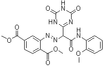 CAS # 67906-31-4, Pigment Yellow 182, 2-[[2-[(2-Methoxyphenyl)amino]-2-oxo-1-(1,4,5,6-tetrahydro-4,6-dioxo-1,3,5-triazin-2-yl)ethyl]azo]-1,4-benzenedicarboxylic acid dimethyl ester, C.I. 128300, C.I. Pigment Yellow 182, Pigment Yellow 182, Sandorin Yellow G