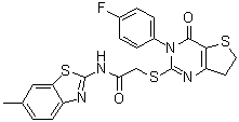 structure of CAS# 687561-60-0, 2-[[3-(4-Fluorophenyl)-3,4,6,7-tetrahydro-4-oxothieno[3,2-d]pyrimidin-2-yl]thio]-N-(6-methyl-2-benzothiazolyl)acetamide