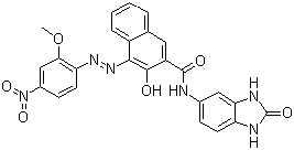 CAS # 6985-95-1, Pigment Red 171, N-(2,3-Dihydro-2-oxo-1H-benzimidazol-5-yl)-3-hydroxy-4-[(2-methoxy-4-nitrophenyl)azo]-2-naphthalenecarboxamide, C.I. 12512