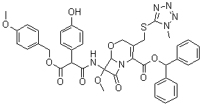 CAS 登录号：70653-54-2, 7-[[2-(4-羟基苯基)-3-[(4-甲氧基苯基)甲氧基]-1,3-二氧代丙基]氨基]-7-甲氧基-3-[[(1-甲基-1H-四氮唑-5-基)硫基]甲基]-8-氧代-5-氧杂-1-氮杂二环[4.2.0]辛-2-烯-2-羧酸(二苯基)甲基酯
