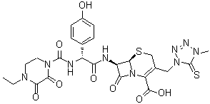 CAS # 711598-76-4, (6R,7R)-3-[(4,5-Dihydro-4-methyl-5-thioxo-1H-tetrazol-1-yl)methyl]-7-[[(2R)-[[(4-ethyl-2,3-dioxo-1-piperazinyl)carbonyl]amino](4-hydroxyphenyl)acetyl]amino]-8-oxo-5-thia-1-azabicyclo[4.2.0]oct-2-ene-2-carboxylic acid