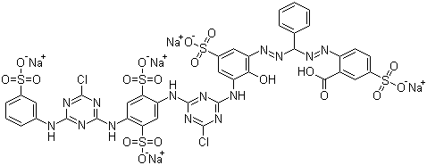 CAS # 71872-76-9, Reactive Blue 160, 2-[2-[[2-[3-[[4-Chloro-6-[[4-[[4-chloro-6-[(3-sulfophenyl)amino]-1,3,5-triazin-2-yl]amino]-2,5-disulfophenyl]amino]-1,3,5-triazin-2-yl]amino]-2-hydroxy-5-sulfophenyl]diazenyl]phenylmethyl]diazenyl]-5-sulfobenzoic acid sodium salt, Blue H-ERD, C.I. 137160, Evercion Blue H-ERD, Procion Blue H-ERD