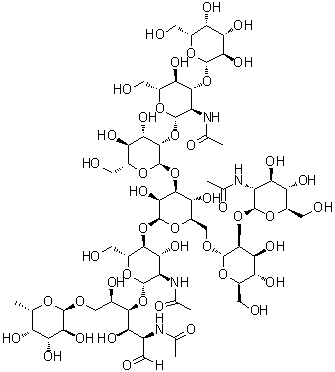 CAS # 721918-59-8, O-beta-D-Galactopyranosyl-(1→3)-O-2-(acetylamino)-2-deoxy-beta-D-glucopyranosyl-(1→2)-O-alpha-D-mannopyranosyl-(1→3)-O-[O-2-(acetylamino)-2-deoxy-beta-D-glucopyranosyl-(1→2)-alpha-D-mannopyranosyl-(1→6)]-O-beta-D-mannopyranosyl-(1→4)-O-2-(acetylamino)-2-deoxy-beta-D-glucopyranosyl-(1→4)-O-[6-deoxy-alpha-L-galactopyranosyl-(1→6)]-2-(acetylamino)-2-deoxy-D-glucose