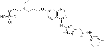 structure of CAS# 722543-31-9, 5-[[7-[3-[乙基[2-(磷酰氧基)乙基]氨基]丙氧基]-4-喹唑啉基]氨基]-N-(3-氟苯基)-1H-吡唑-3-乙酰胺