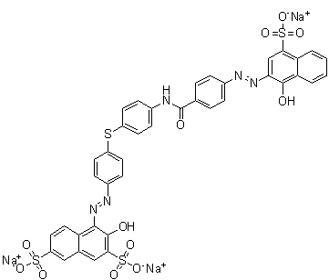 CAS # 7354-85-0, 3-Hydroxy-4-[2-[4-[[4-[[4-[2-(1-hydroxy-4-sulfo-2-naphthalenyl)diazenyl]benzoyl]amino]phenyl]thio]phenyl]diazenyl]-2,7-naphthalenedisulfonic acid trisodium salt, NSC 65858