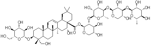 CAS # 74411-65-7, Chrysantellin B, (3beta,4alpha,16alpha)-3-(beta-D-Glucopyranosyloxy)-16,23-dihydroxy-olean-12-en-28-oic acid O-6-deoxy-alpha-L-mannopyranosyl-(1→3)-O-beta-D-xylopyranosyl-(1→4)-O-6-deoxy-alpha-L-mannopyranosyl-(1→2)-beta-D-xylopyranosyl ester