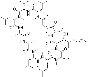 CAS # 74436-00-3, 7-L-Norvalinecyclosporin A, Cyclo[L-alanyl-D-alanyl-N-methyl-L-leucyl-N-methyl-L-leucyl-N-methyl-L-valyl-(3R,4R,6E)-6,7-didehydro-3-hydroxy-N,4-dimethyl-L-2-aminooctanoyl-L-norvalyl-N-methylglycyl-N-methyl-L-leucyl-L-valyl-N-methyl-L-leucyl], Cyclosporine G, Geclosporin, OG 37-325, SDZ 37-325