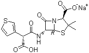 CAS # 74682-62-5, Ticarcillin sodium, (2S,5R,6R)-6-[[(2R)-2-carboxy-2-thiophen-3-yl-acetyl]amino]-3,3-dimethyl-7-oxo-4-thia-1-azabicyclo[3.2.0]heptane-2-carboxylic acid monosodium salt