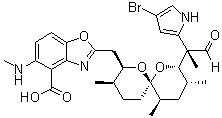 CAS # 76455-82-8, 23-Bromo-A-23187, 2-[[(2R,3R,6S,8S,9R,11R)-8-[(1S)-(4-Bromo-1H-pyrrol-2-yl)-1-methyl-2-oxoethyl]-3,9,11-trimethyl-1,7-dioxaspiro[5.5]undec-2-yl]methyl]-5-(methylamino)-4-benzoxazolecarboxylic acid